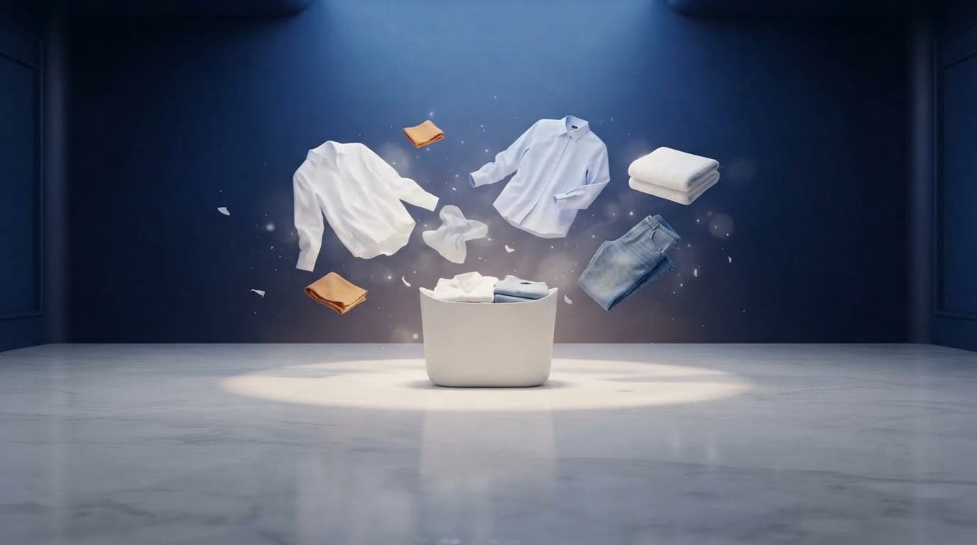 Clothes gently gathering into a soft laundry basket.