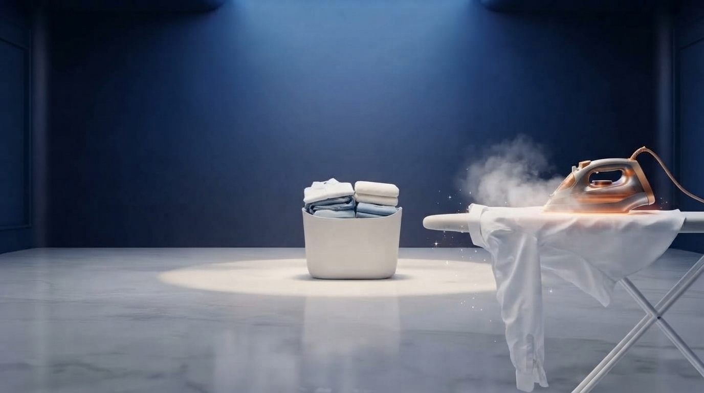 A steam iron pressing a crisp white shirt with precision.