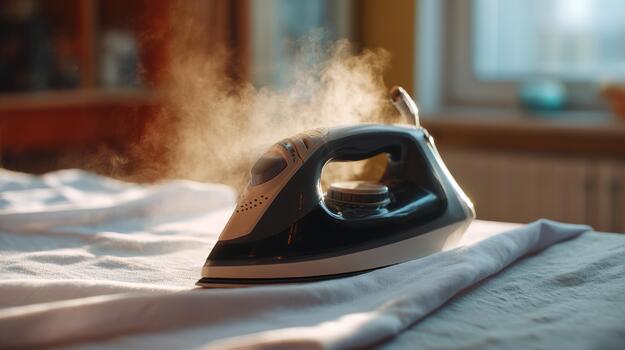 A steam iron pressing fresh linen in warm light